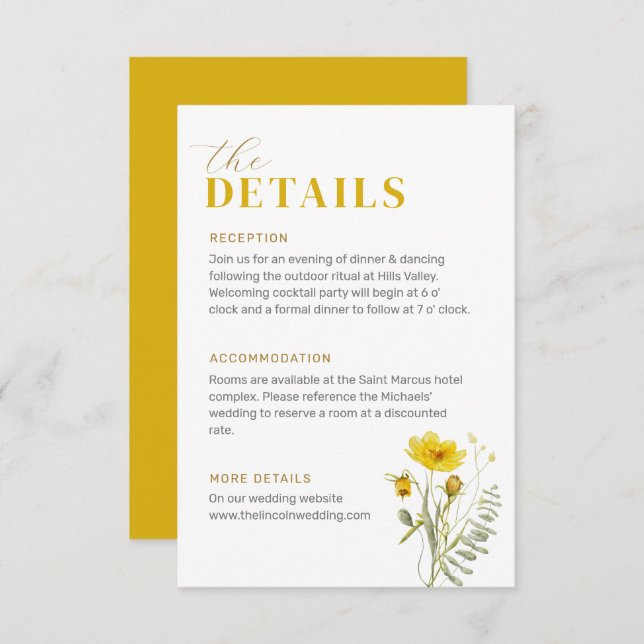 Carte D'accompagnement Mariage Bouquet Fleur sauvage jaune Fleurs de prai (Devant / Derrière)