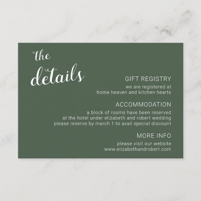 Carte D'accompagnement Mariage Calligraphié Minimaliste Vert Rustique (Devant)