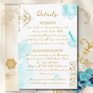 Carte D'accompagnement Mariage Calligraphie Vintage Turquoise Baroque Or