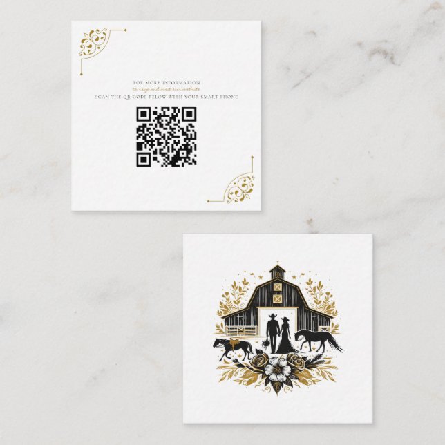 Carte D'accompagnement Mariage campagnard noir et or avec code QR (Devant / Derrière)