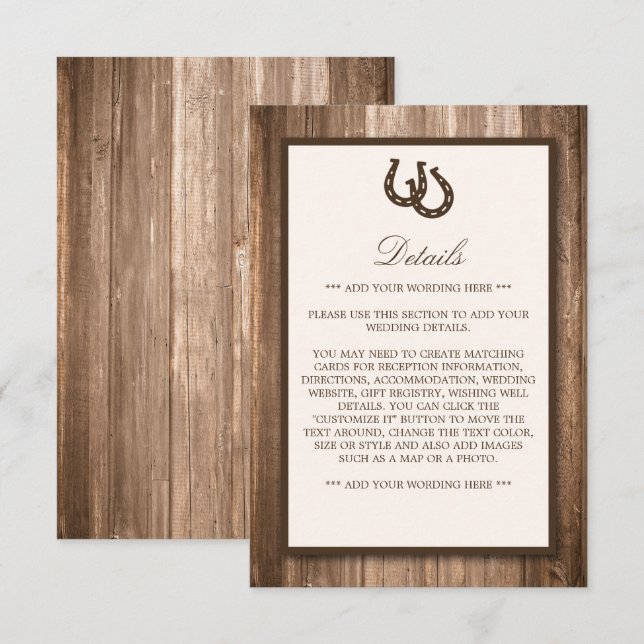 Carte D'accompagnement Mariage Campagne Rustique Fer à Cheval & Bois Brun (Devant / Derrière)