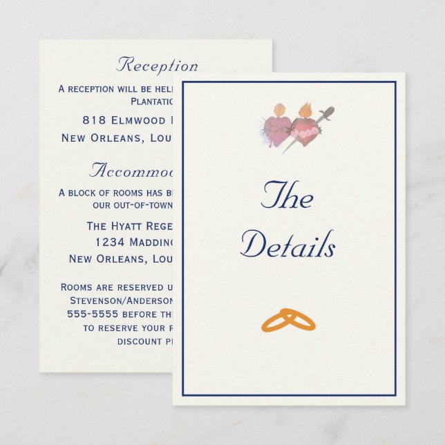 Carte D'accompagnement Mariage Catholique Élégant Deux Cœurs Navy & Crème (Devant / Derrière)