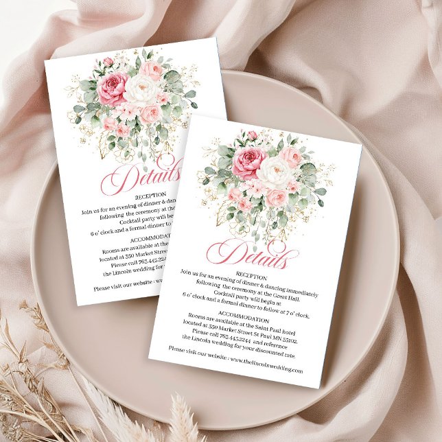 Carte D'accompagnement Mariage chic avec fleurs rosées classiques et feui (Classic blush floral gold greenery chic wedding details card

)