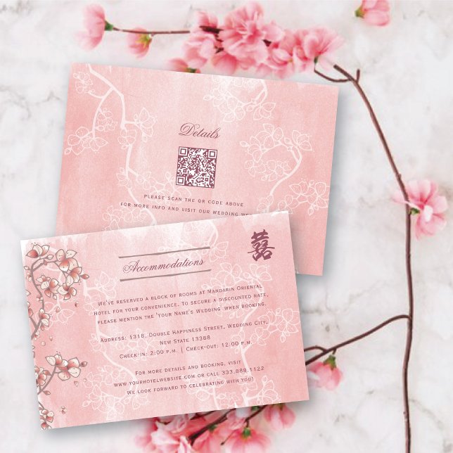 Carte D'accompagnement Mariage chinois à deux fleurs de pêche (Pink Peach/Plum Blossoms Double Happiness Elegant Chinese Wedding Enclosure Card @ fatfatin_red_knot)