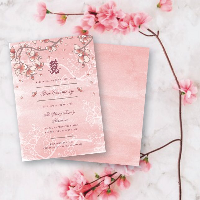 Carte D'accompagnement Mariage chinois à deux fleurs de pêche (Pink Peach/Plum Blossoms Double Happiness Elegant Chinese Wedding Enclosure Card @ fatfatin_red_knot)