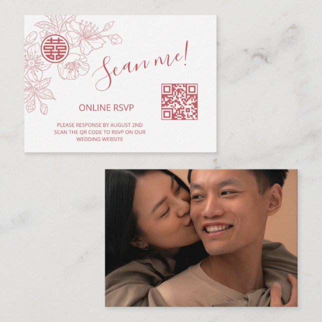 Carte D'accompagnement Mariage chinois rose vif QR Code RSVP en ligne (Devant / Derrière)