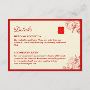 Carte D'accompagnement Mariage chinois rouge beige floral oriental