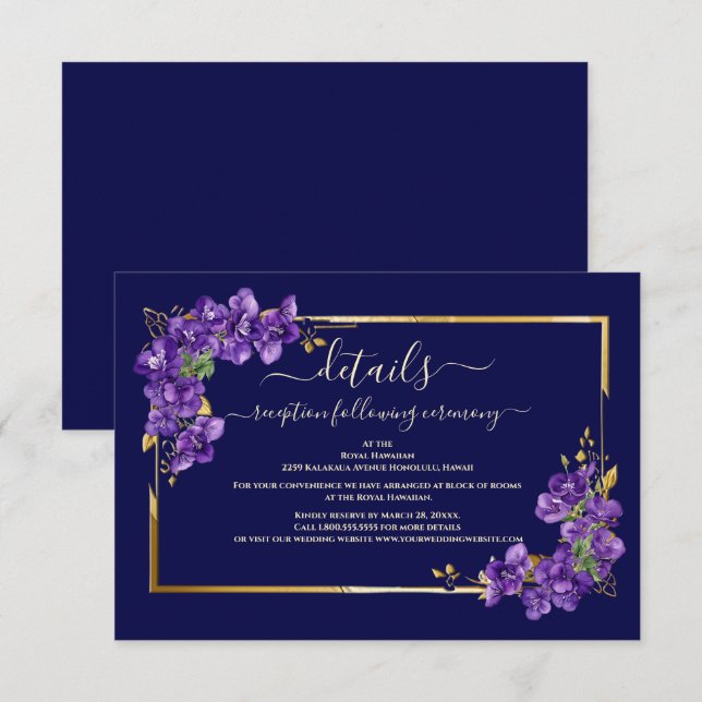 Carte D'accompagnement Mariage Classique avec Cadre Doré et Fleurs Violet (Devant / Derrière)