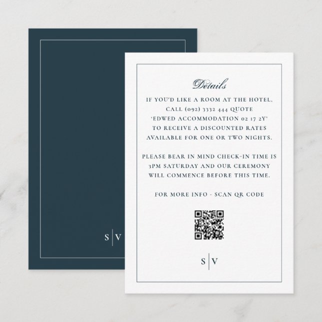 Carte D'accompagnement Mariage Classique Blanc Marine Code QR au Dos avec (Devant / Derrière)