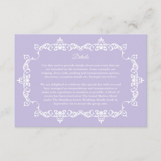 Carte D'accompagnement Mariage Classique Lavande Violet Orné avec Cadre (Devant)