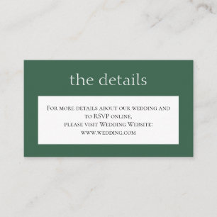 Carte D'accompagnement Mariage classique vert simple. Détails. Site