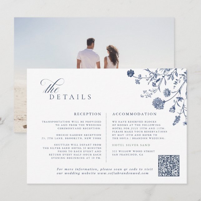 Carte D'accompagnement Mariage classique victorien bleu avec QR code fran (Devant / Derrière)