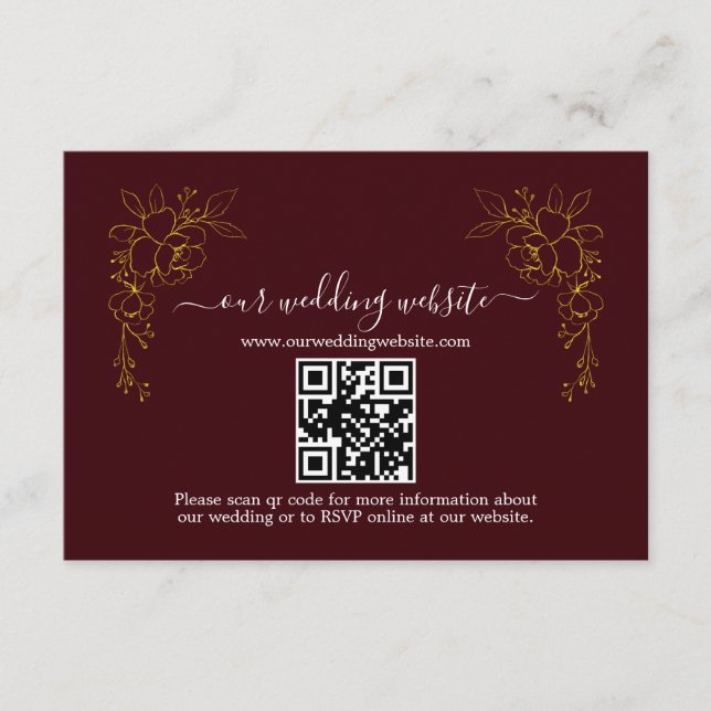 Carte D'accompagnement Mariage Code QR Burgundy Profond Fleurs Or Élégant (Devant)