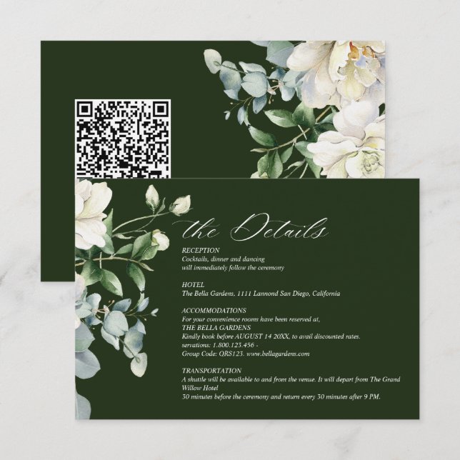 Carte D'accompagnement Mariage Code QR Émeraude Sage & Rose Ivoire (Devant / Derrière)