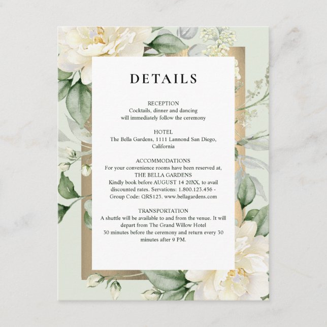 Carte D'accompagnement Mariage Code QR Vert Sauge Eucalyptus & Rose Ivoir (Devant)
