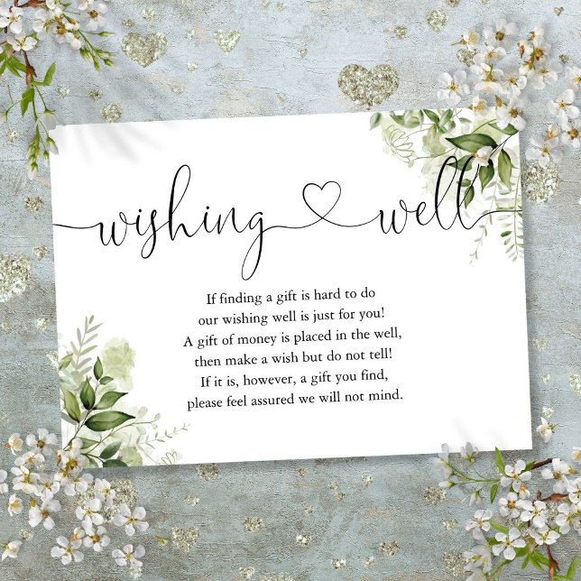 Carte D'accompagnement Mariage cœur floral verdure écriture souhaitant un (Greenery Floral Heart Script Wishing Well Wedding Enclosure Card)