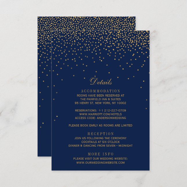 Carte D'accompagnement Mariage Confetti en or bleu marine et glam (Devant / Derrière)