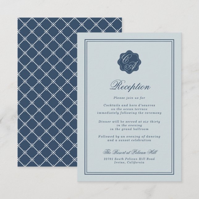Carte D'accompagnement Mariage Côte de Dusty Blue Monogram Réception (Devant / Derrière)