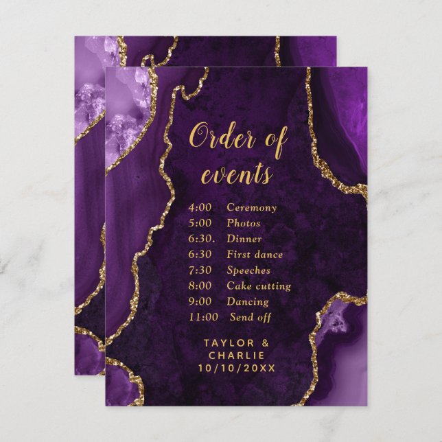 Carte D'accompagnement Mariage d'âge violet et or Ordre des événements En (Devant / Derrière)