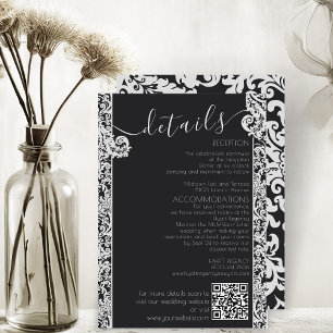 Carte D'accompagnement Mariage damassé florale moderne noir & blanc éléga