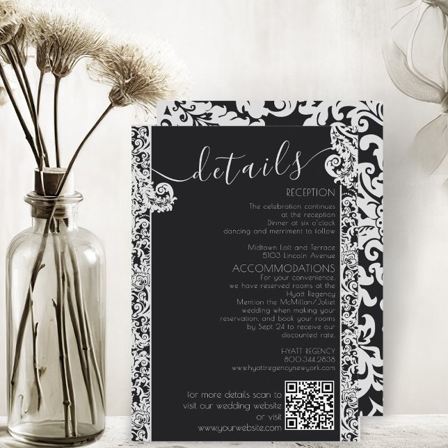 Carte D'accompagnement Mariage damassé florale moderne noir & blanc éléga (modern black and white elegant floral damask wedding details enclosure card)