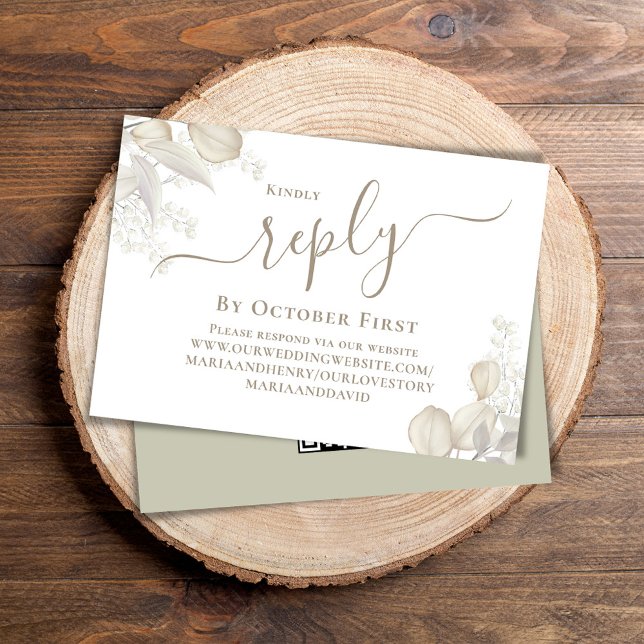 Carte D'accompagnement Mariage d'aquarelle verte Sage Répondre Code QR (Simple Wedding reply card with a sage green background and QR code template.)