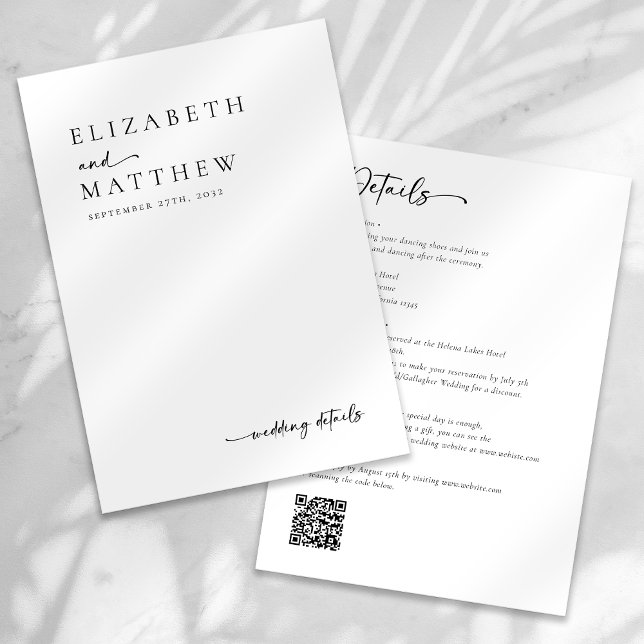 Carte D'accompagnement Mariage de code QR de script noir et blanc moderne (Créateur téléchargé)