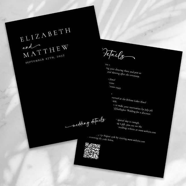 Carte D'accompagnement Mariage de code QR de script noir et blanc moderne (Créateur téléchargé)