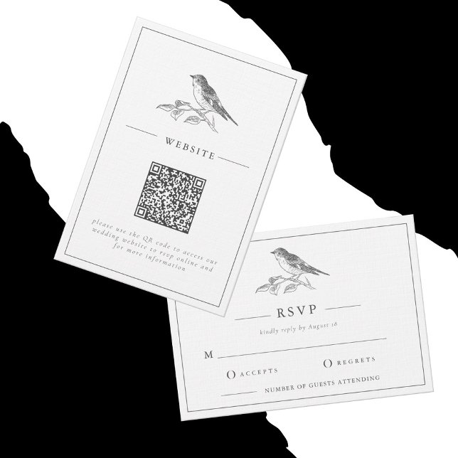 Carte D'accompagnement Mariage de code QR noir et blanc vintage Bird (Créateur téléchargé)