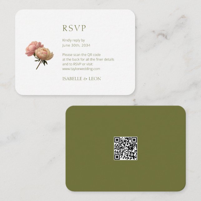 Carte D'accompagnement Mariage de code QR Olive Green & White Rose (Devant / Derrière)