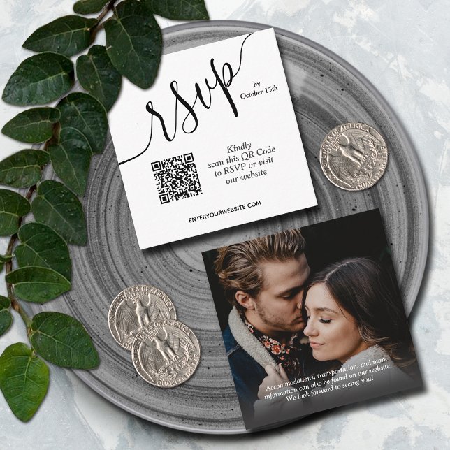 Carte D'accompagnement Mariage de code QR simple photo (2.5" x 2.5" Photo QR code wedding RSVP cards)