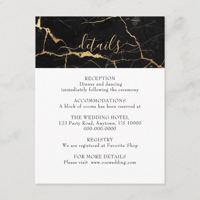 Carte D'accompagnement Mariage de design en marbre noir et or (Devant)