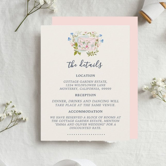 Carte D'accompagnement Mariage de jardin romantique aux fleurs sauvages r (Pink Blue Wildflowers Romantic Garden Wedding Enclosure Card)