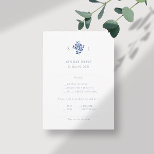 Carte D'accompagnement Mariage de Monogramme Floral Bleu et Blanc RSVP