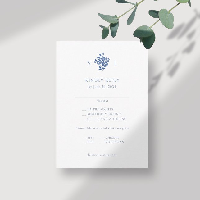 Carte D'accompagnement Mariage de Monogramme Floral Bleu et Blanc RSVP (Créateur téléchargé)