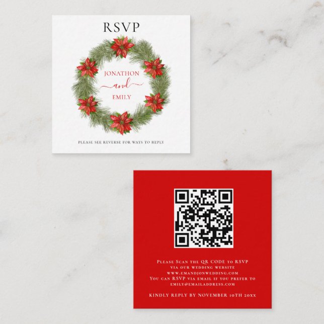 Carte D'accompagnement Mariage de Noël Poinsettia QR Code RSVP (Devant / Derrière)