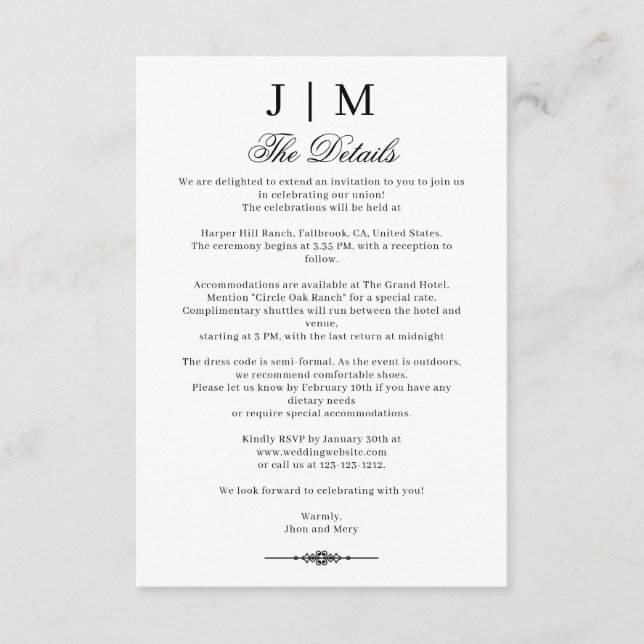 Carte D'accompagnement Mariage de réception en monogramme noir et classiq (Devant)