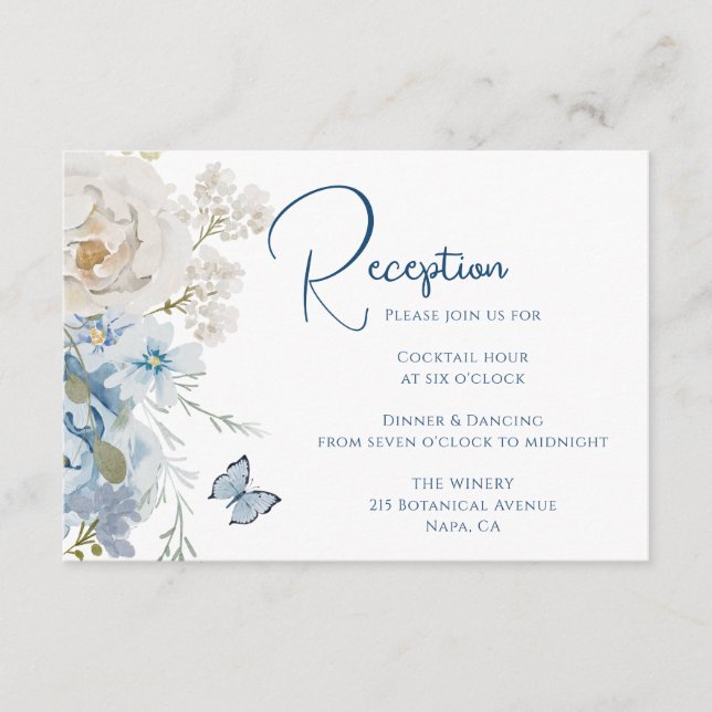 Carte D'accompagnement Mariage de réception romantique Dusty Blue Floral (Devant)