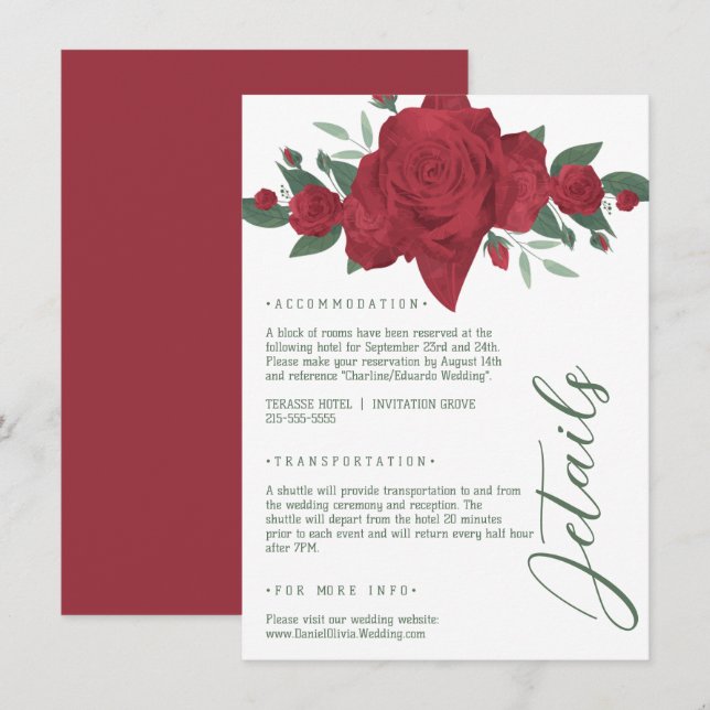 Carte D'accompagnement Mariage de Red Roses Boho (Devant / Derrière)