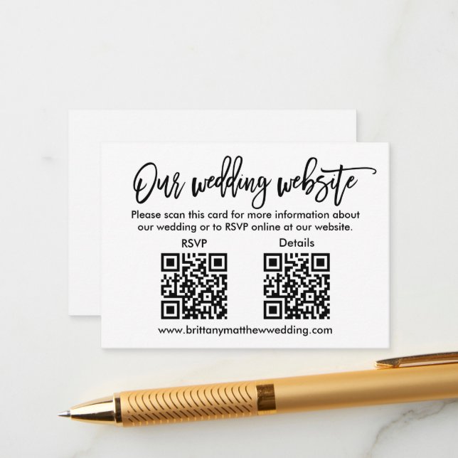 Carte D'accompagnement Mariage de script de brosse moderne 2 QR RSVP Déta (Devant/Arrière en situation)