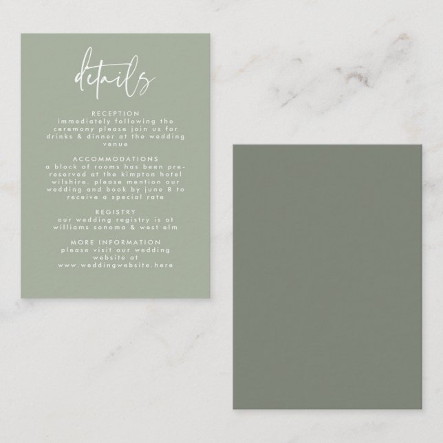 Carte D'accompagnement Mariage de script manuscrit minimal vert Sage (Devant / Derrière)