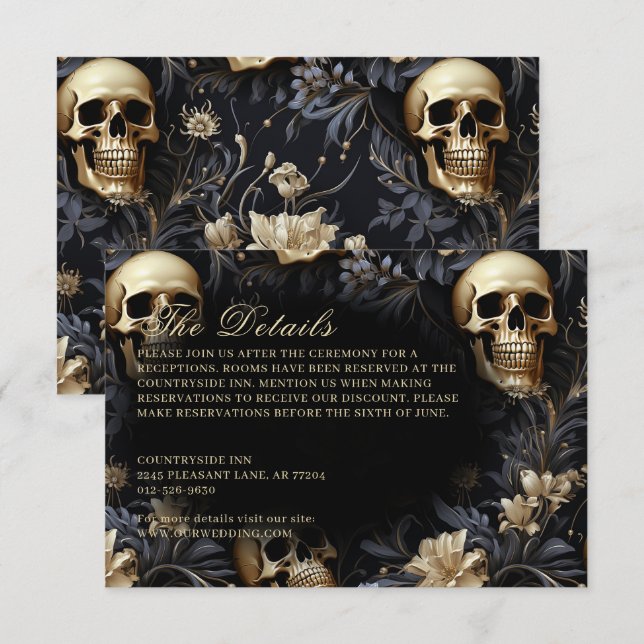 Carte D'accompagnement Mariage des crânes et des fleurs d'or gothique fon (Devant / Derrière)