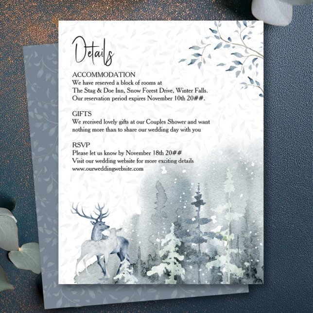 Carte D'accompagnement Mariage d'hiver Aquarelle Forêt de neige Détails (Wedding Details Card from the Snow Forest wedding collection by Darling & May)