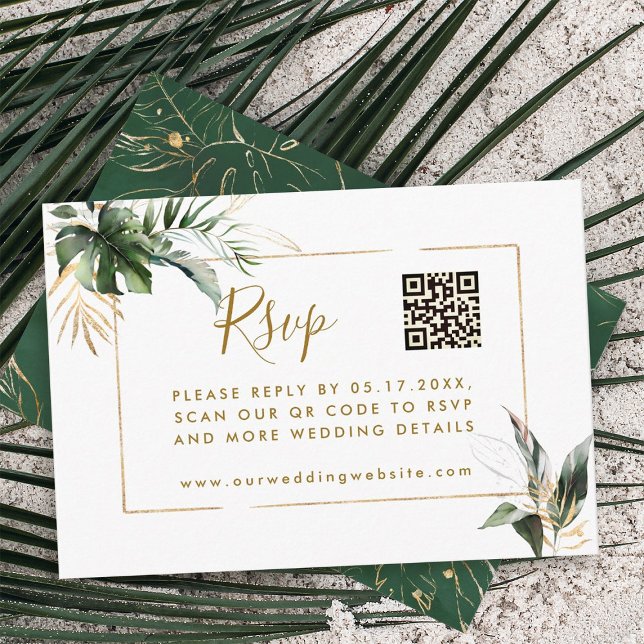 Carte D'accompagnement Mariage d'or Feuille tropical RSVP avec code QR (Créateur téléchargé)
