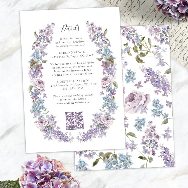 Carte D'accompagnement Mariage Élégant au Lilas (Elegant Lilac Floral Wedding Details Enclosure Card with QR Code by Painted Paperie
)