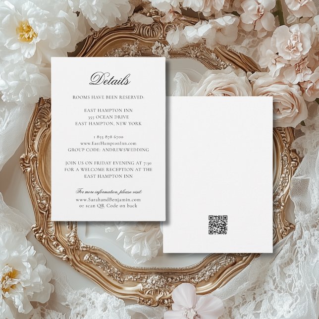 Carte D'accompagnement Mariage Élégant Classique avec Code QR Noir & Blan (This elegant details enclosure card is perfect for an elegant wedding done in a vintage style.)