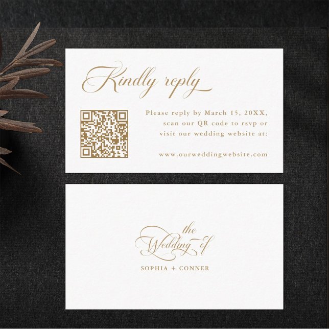 Carte D'accompagnement Mariage élégant Delicate Or & Blanc RSVP (Front & Back)