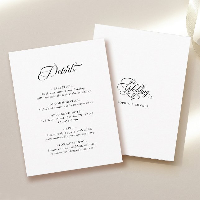 Carte D'accompagnement Mariage élégant et délicat noir & blanc Détails (Front & Back)