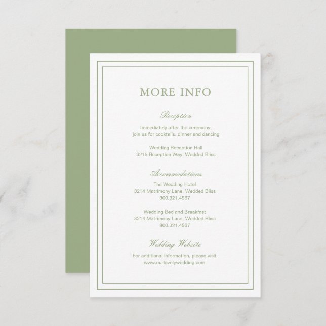 Carte D'accompagnement Mariage élégant et élégant classique Sage Green (Devant / Derrière)