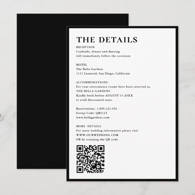 Carte D'accompagnement Mariage élégant et simple avec détails et code QR (Devant / Derrière)